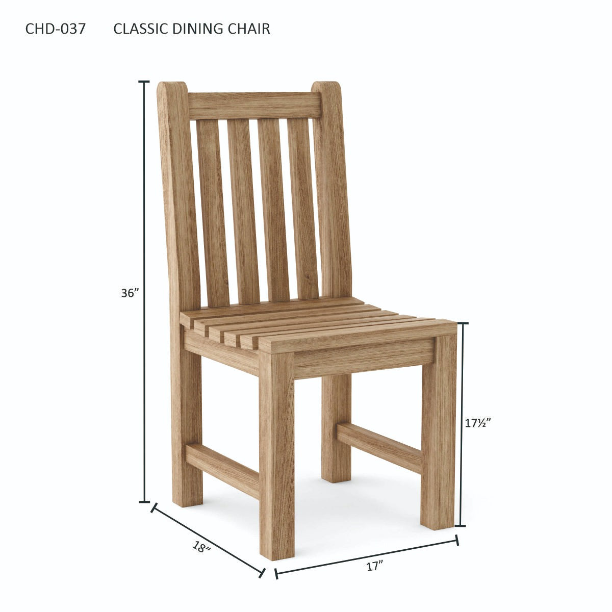 Wooden dining chair with dimensions on a white background