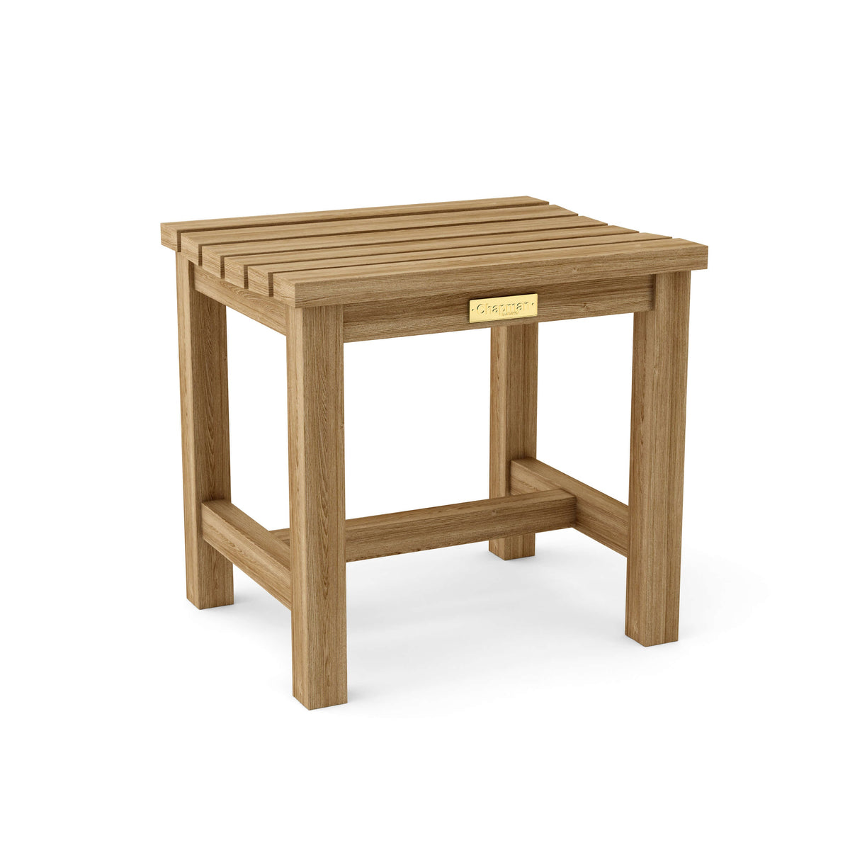 Wooden side table with a gold accent on a white background