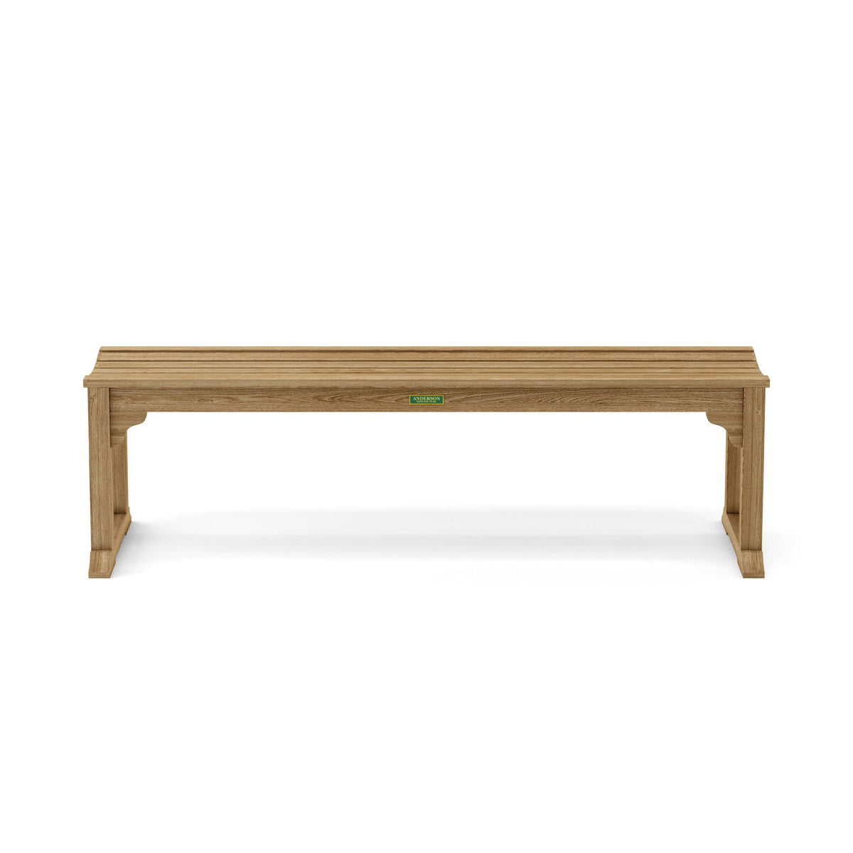 Wooden bench with a green label on a white background