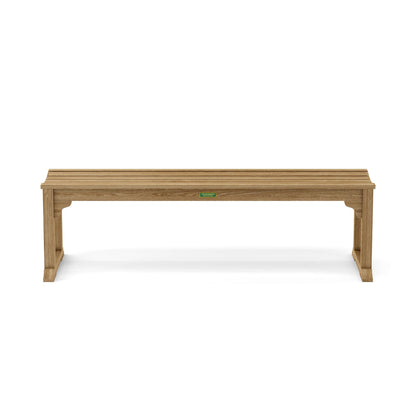 Wooden bench with a green label on a white background
