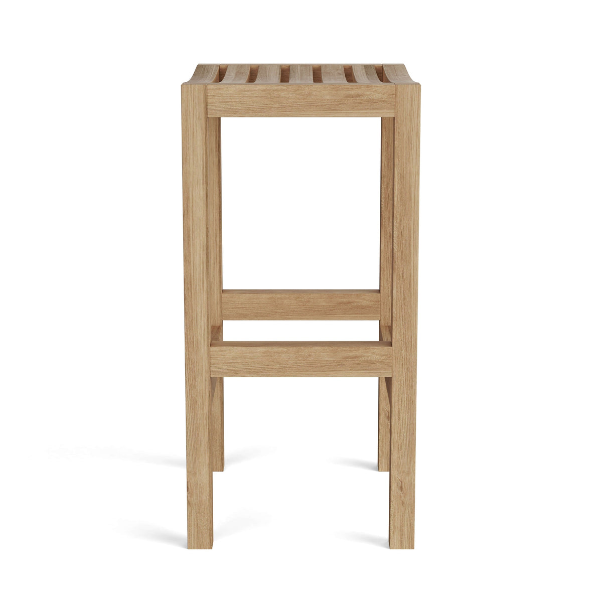 Wooden stool with slatted seat on a white background