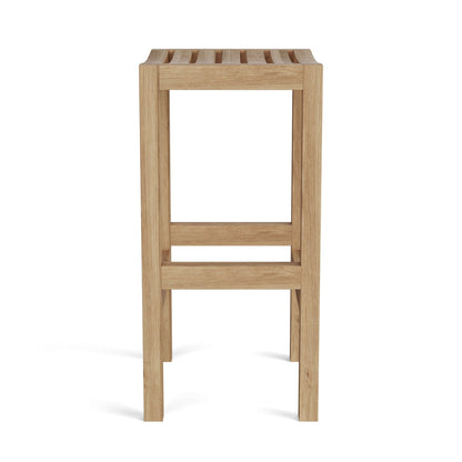 Wooden stool with slatted seat on a white background