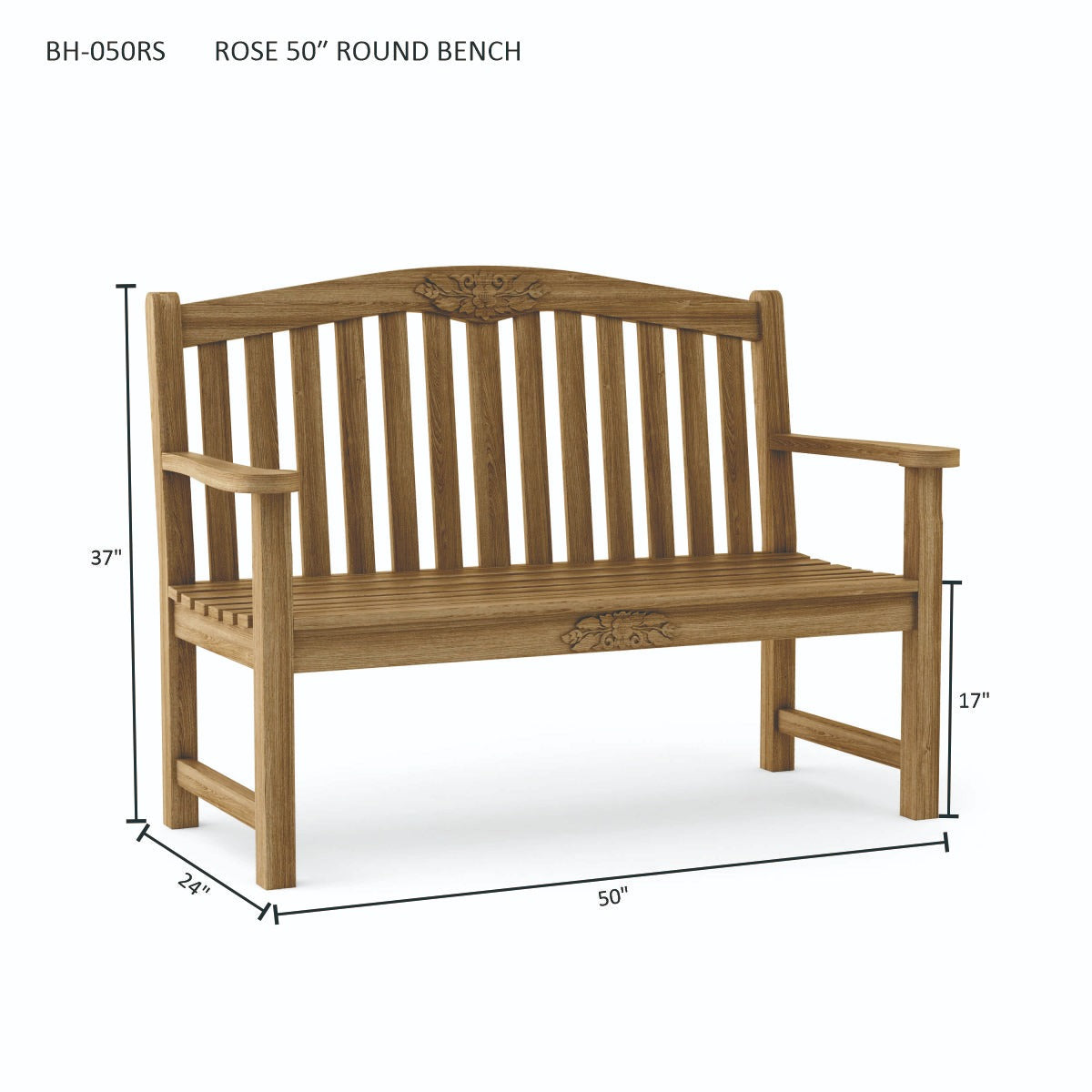 Wooden round bench with dimensions on a white background