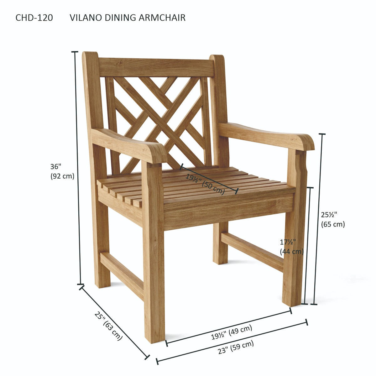 Wooden dining armchair with dimensions on a white background