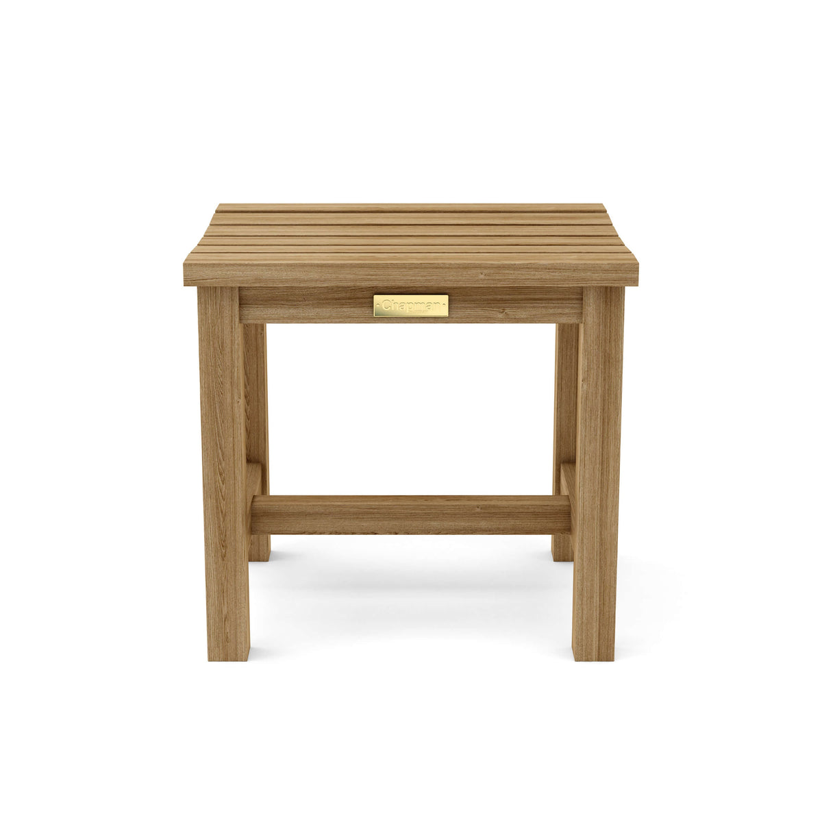 Wooden side table with a gold plaque on a white background