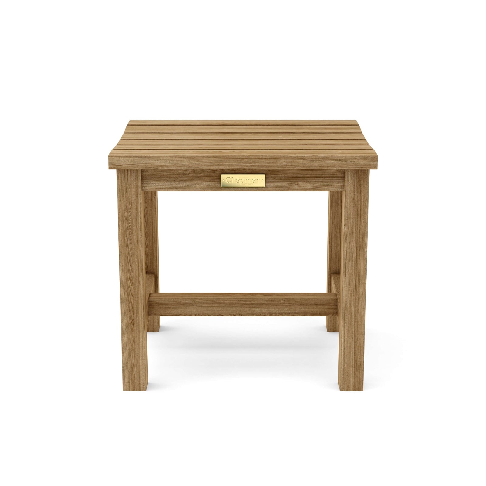 Wooden side table with a gold plaque on a white background