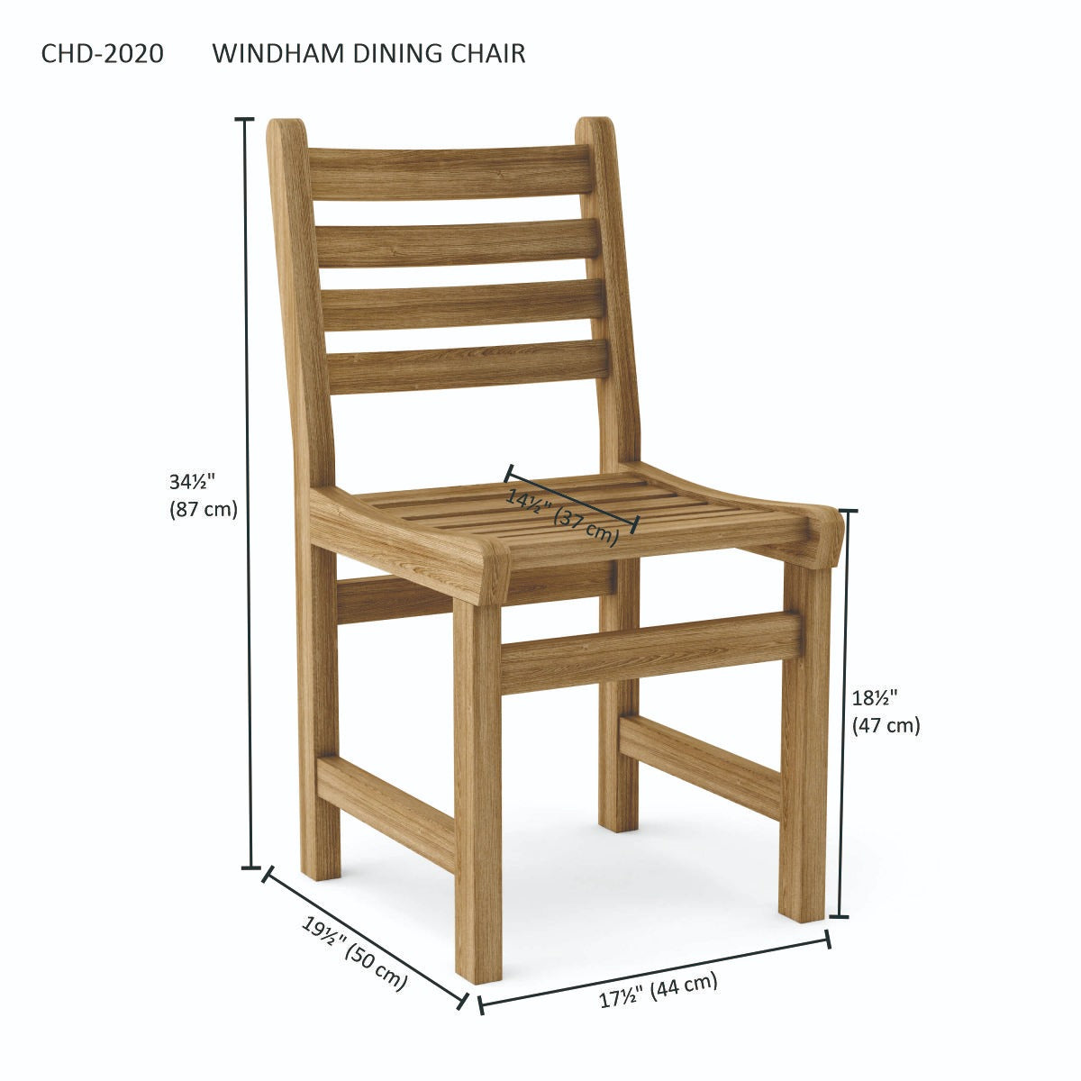 Wooden chair with dimensions labeled on a white background