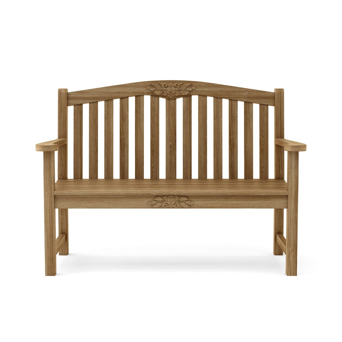 Wooden bench with decorative carvings on a white background