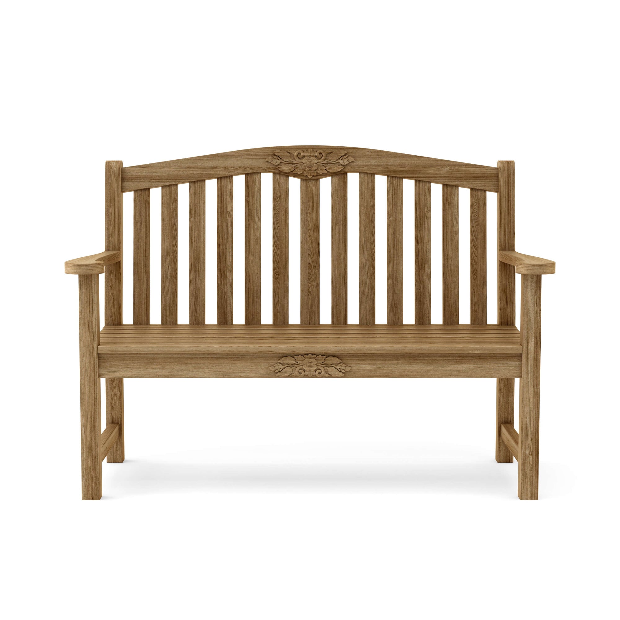 Wooden bench with decorative carvings on a white background