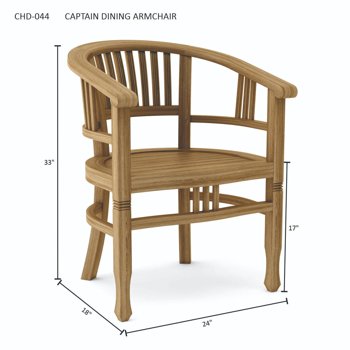 Wooden dining armchair with dimensions on a white background