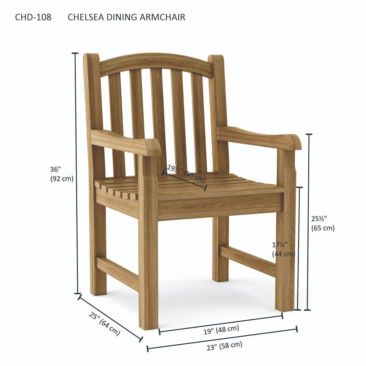 Wooden dining armchair with dimensions on a white background