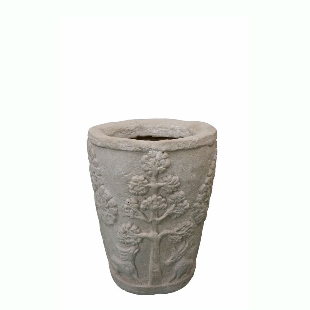 Decorative stone pot with tree design on a white background