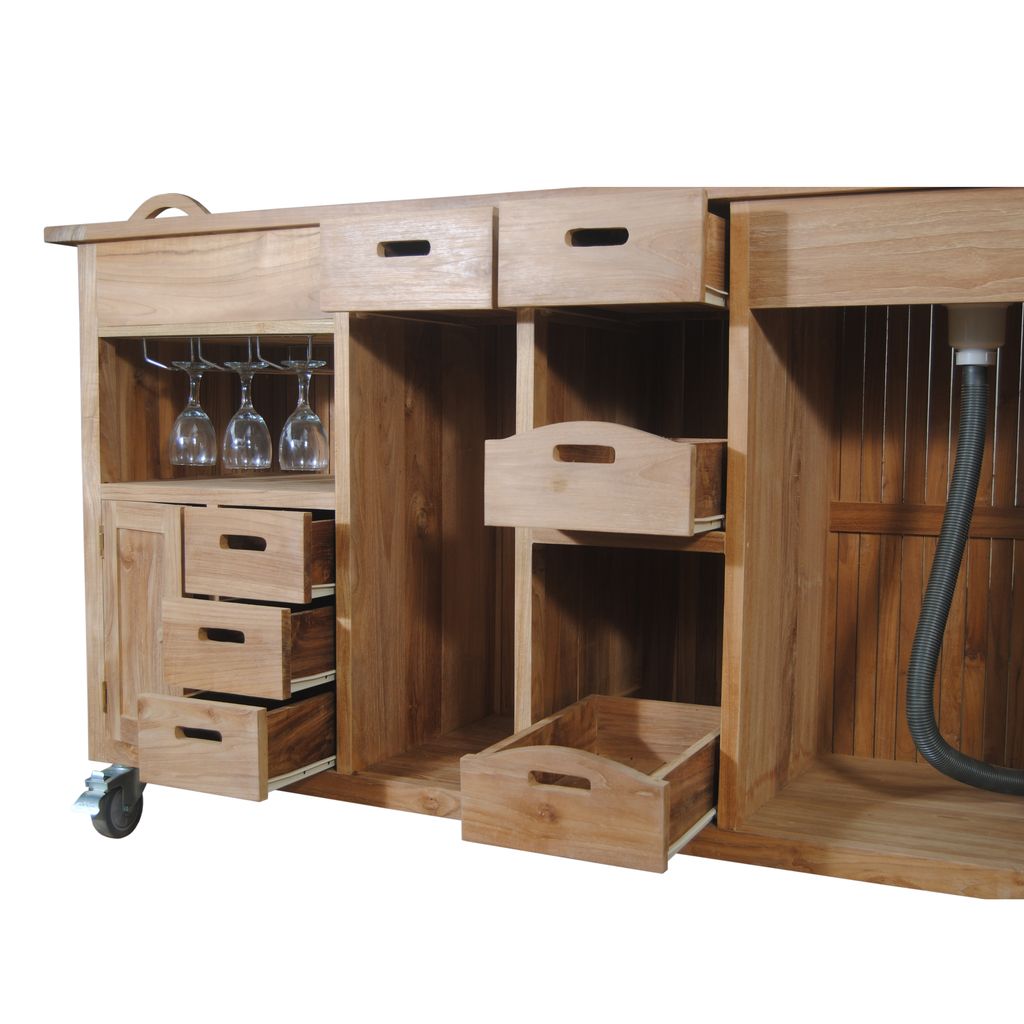 Wooden bar cart with storage drawers and glass holders on a white background