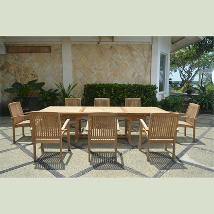 Outdoor wooden dining set with chairs on a patio