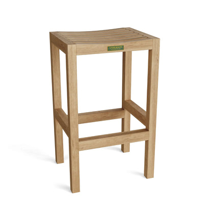 Wooden bar stool with a visible brand logo on a white background