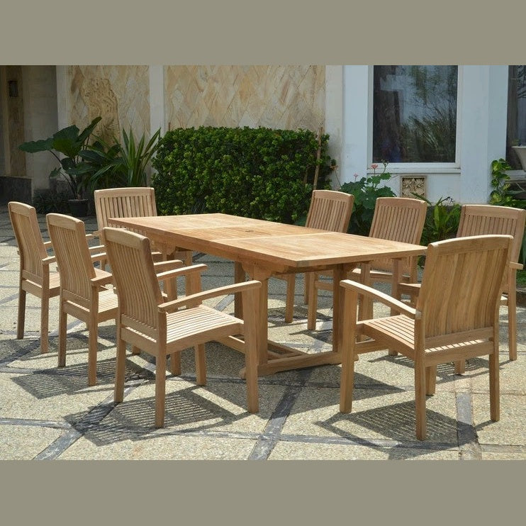 Wooden outdoor dining set with table and chairs on a patio.