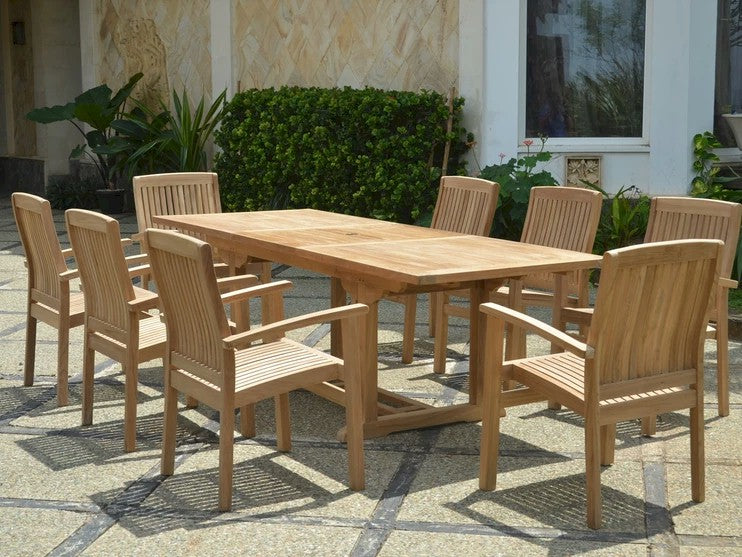 Wooden outdoor dining set with table and chairs on a patio.