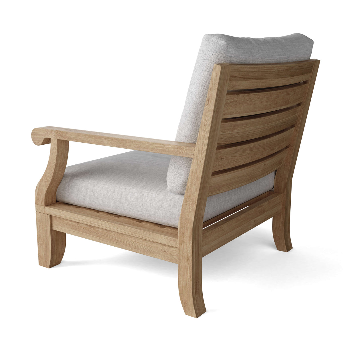 Wooden armchair with white cushions on a white background