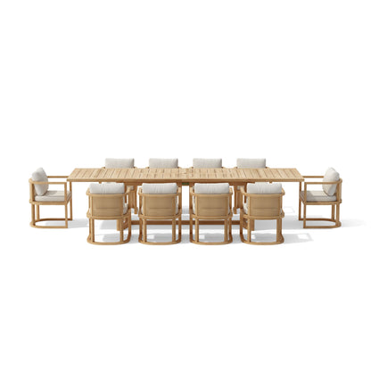 Wooden outdoor table with eight matching chairs on a white background