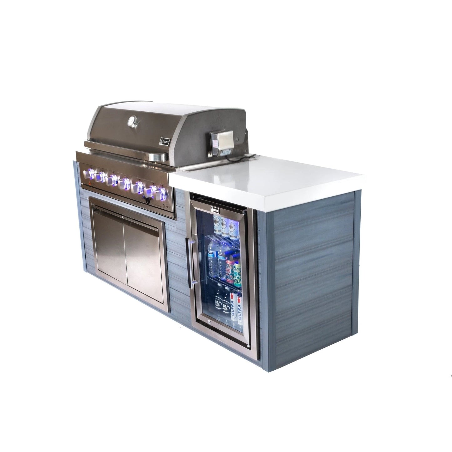 Mont Alpi MA805-AWSS artwood island stainless steel angle view with fridge and LED knobs