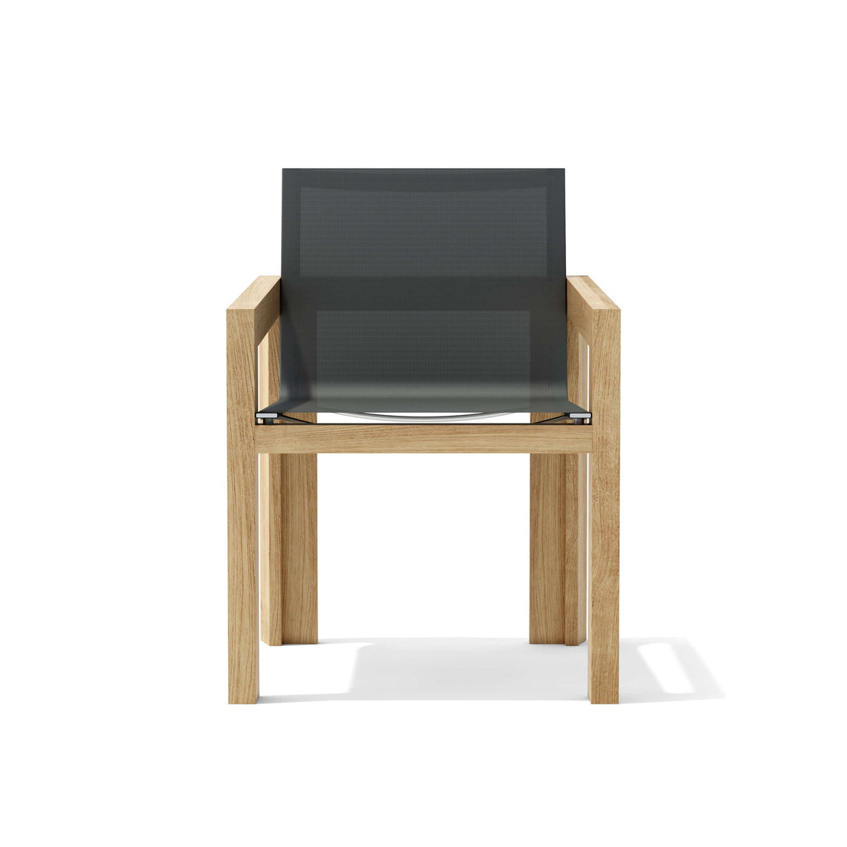 Chair with wooden frame and dark mesh seat on a white background