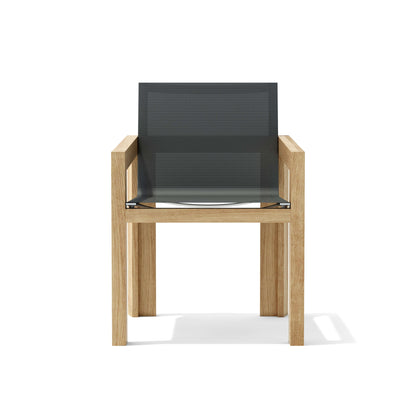 Chair with wooden frame and dark mesh seat on a white background