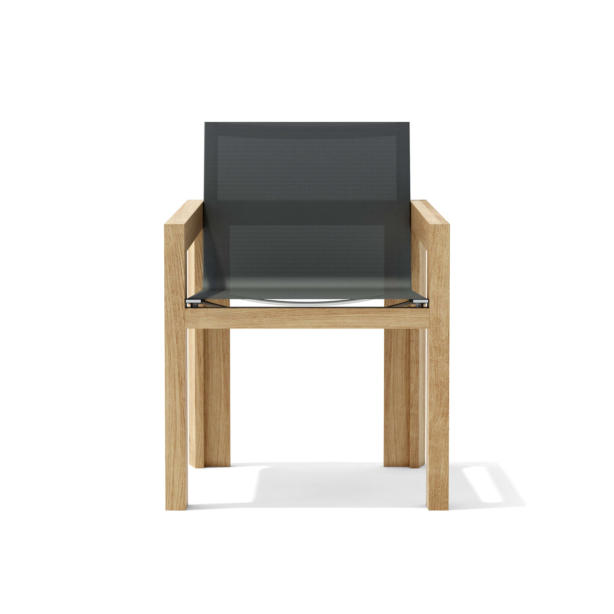 Chair with wooden frame and dark mesh seat on a white background