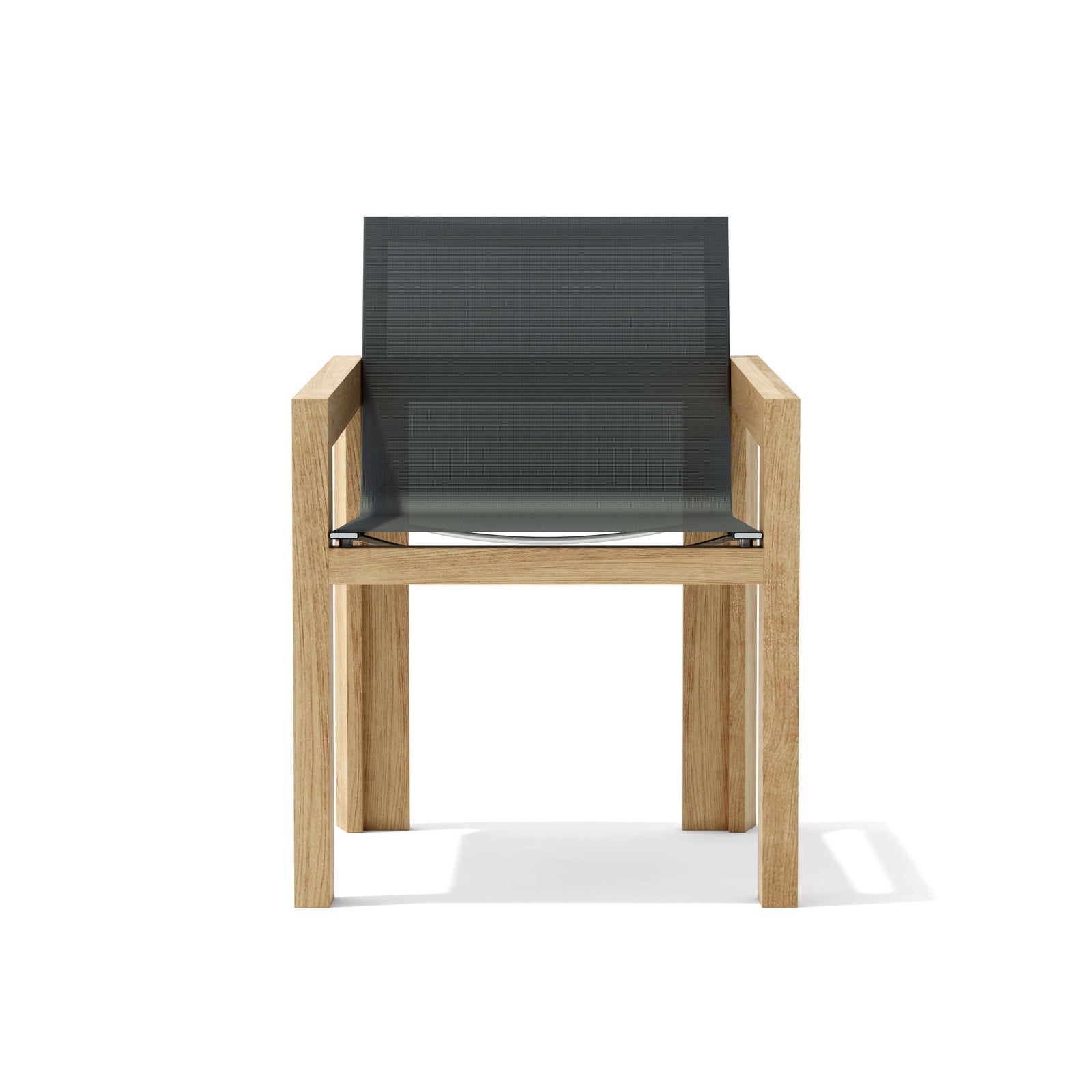 Chair with wooden frame and dark mesh seat on a white background