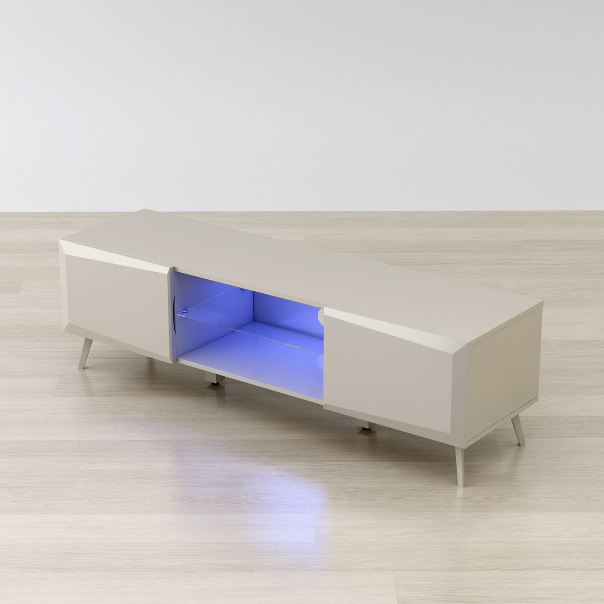 Modern white entertainment console with blue LED lighting on a wooden floor.