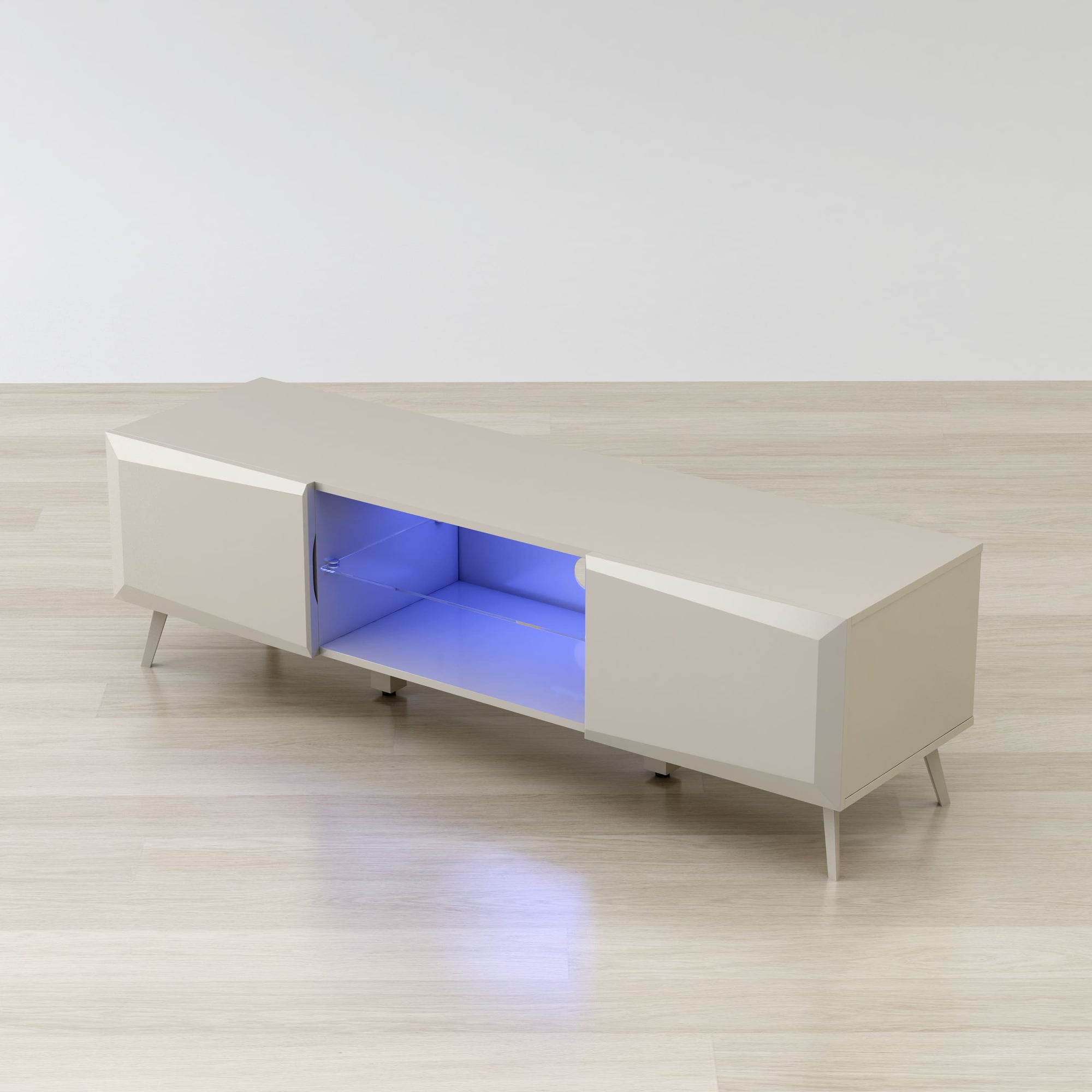 Modern white entertainment console with blue LED lighting on a wooden floor.