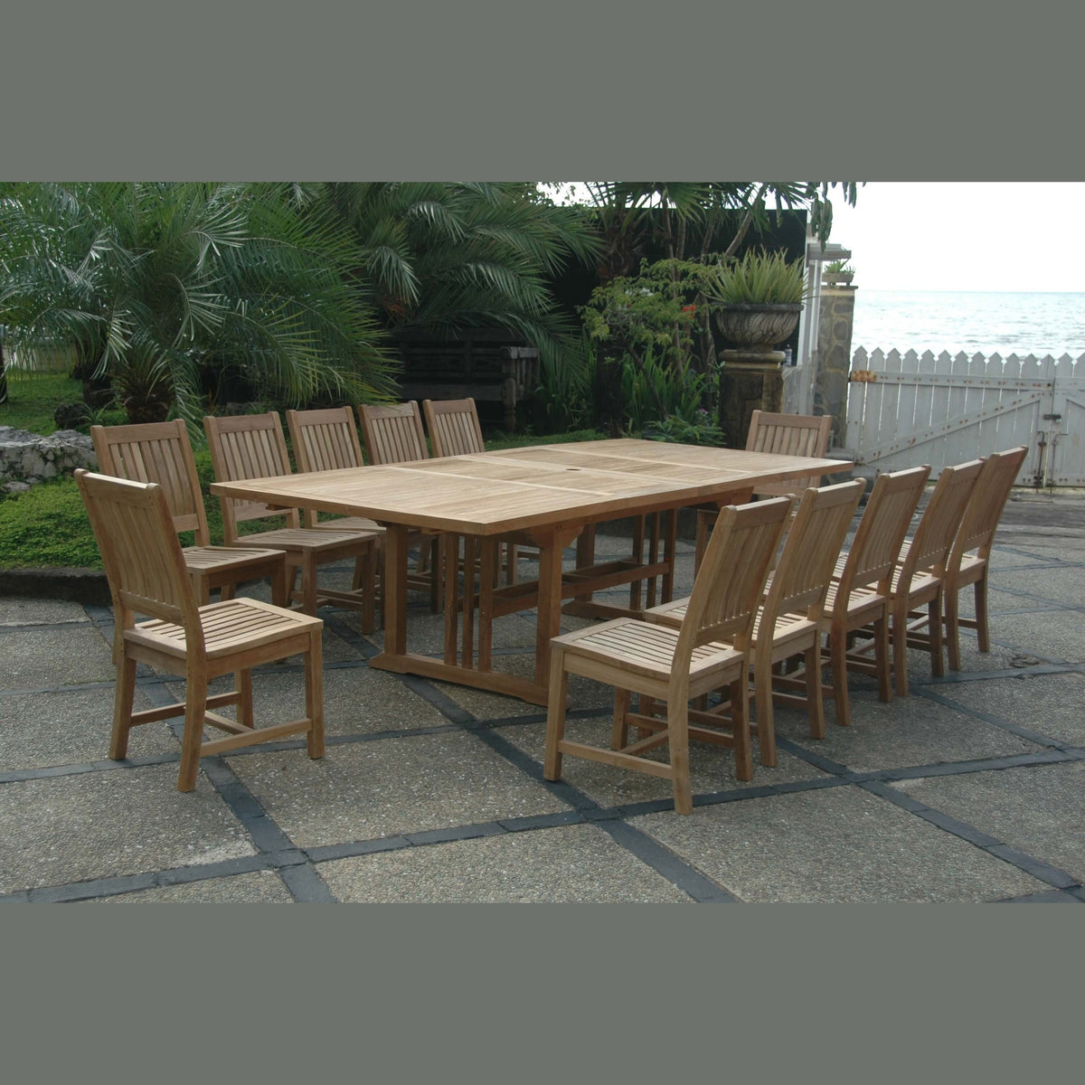 Wooden outdoor dining set with table and chairs on a patio