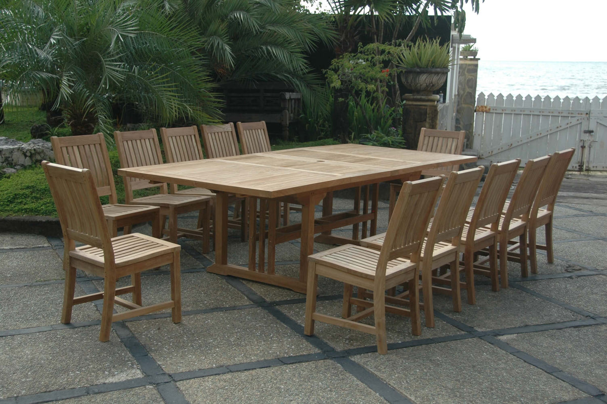 Wooden outdoor dining set with table and chairs on a patio
