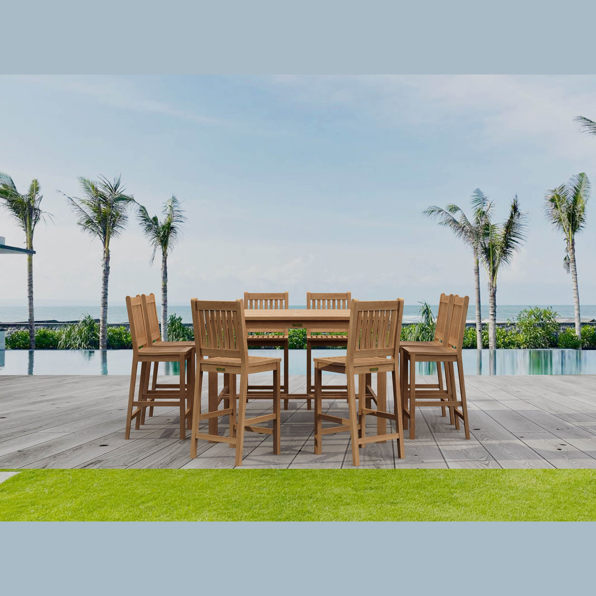 Outdoor dining set with wooden chairs and table on a patio with palm trees and pool in the background.