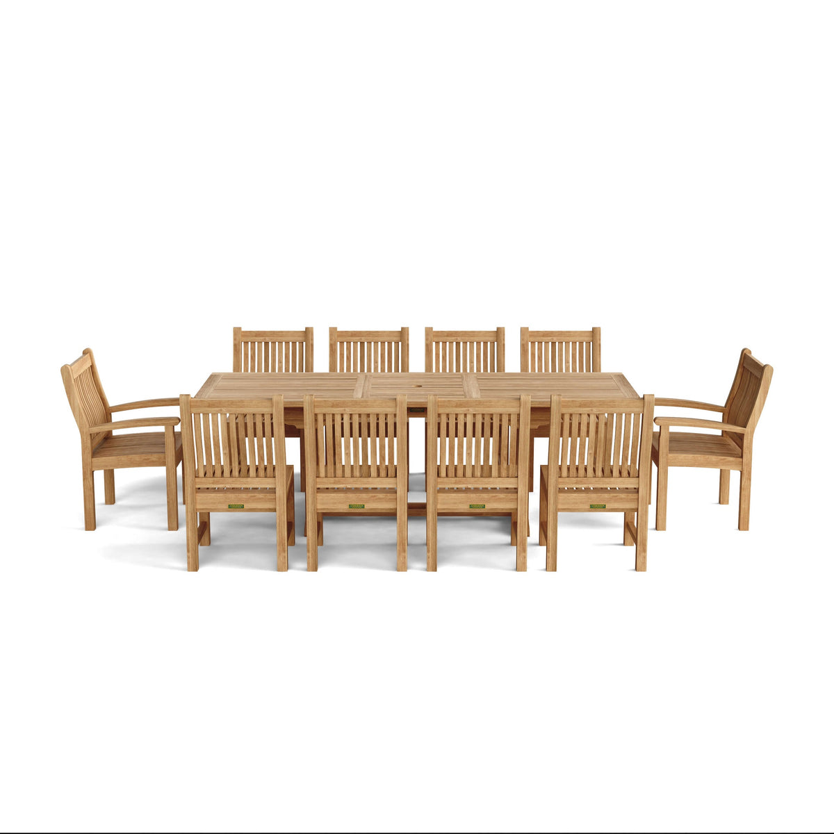 Wooden dining table with eight chairs on a white background