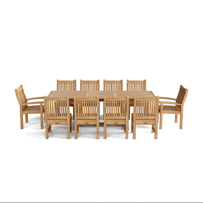 Wooden dining table with eight chairs on a white background