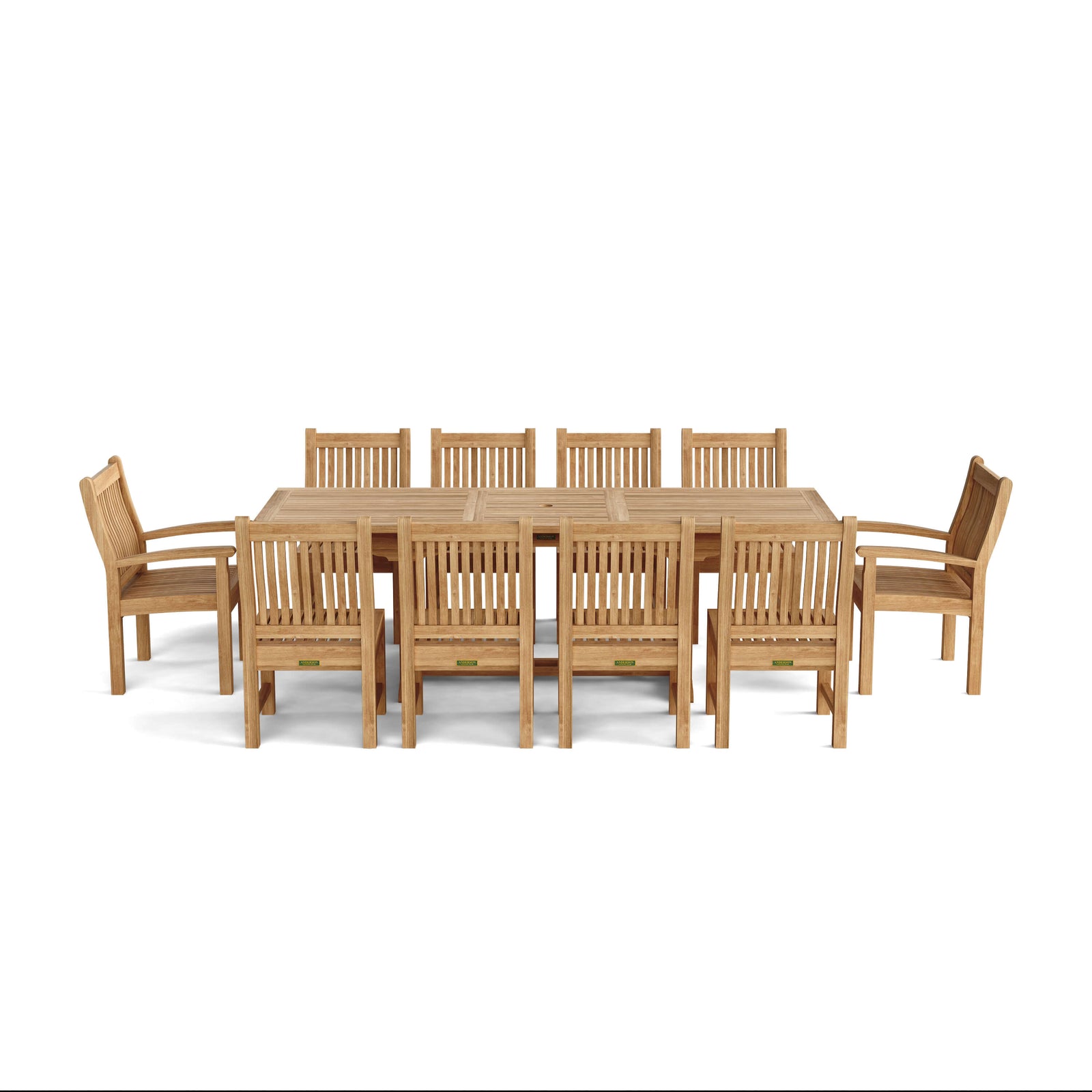 Wooden dining table with eight chairs on a white background