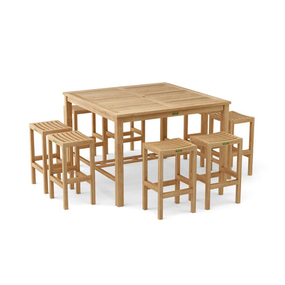 Wooden dining set with a square table and six stools on a white background