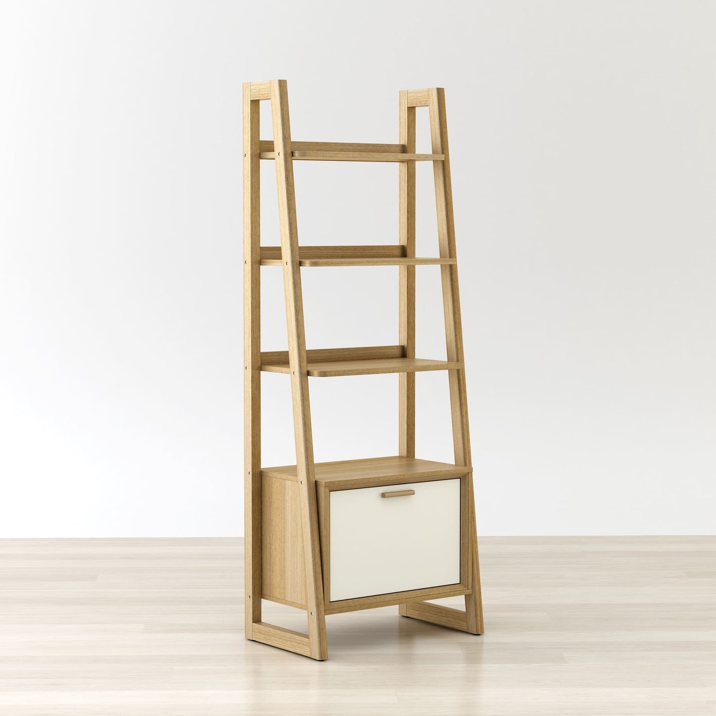 Wooden bookshelf with a white drawer on a light wooden floor and white background