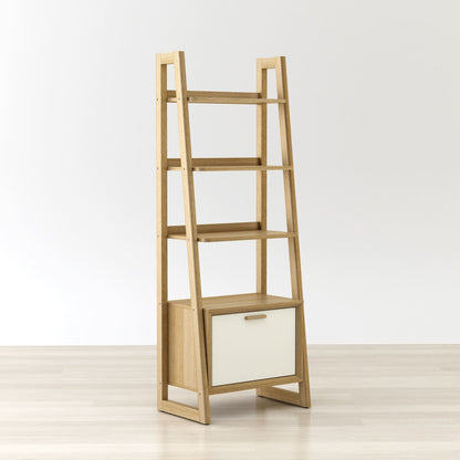 Wooden bookshelf with a white drawer on a light wooden floor and white background