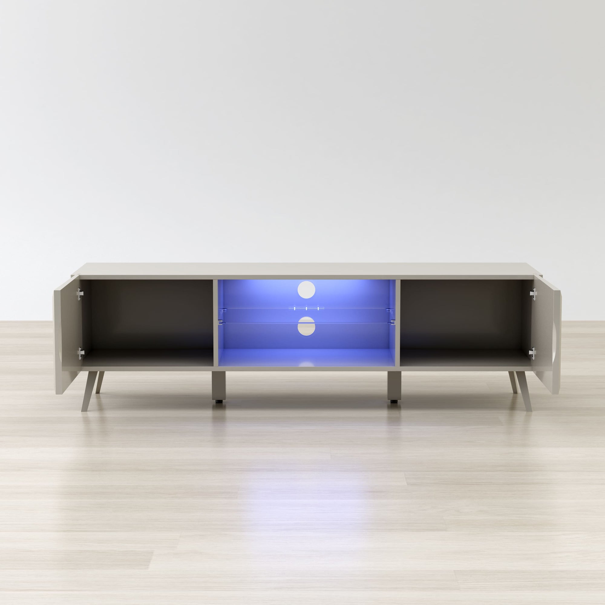 Modern entertainment console with glowing blue interior on a white background