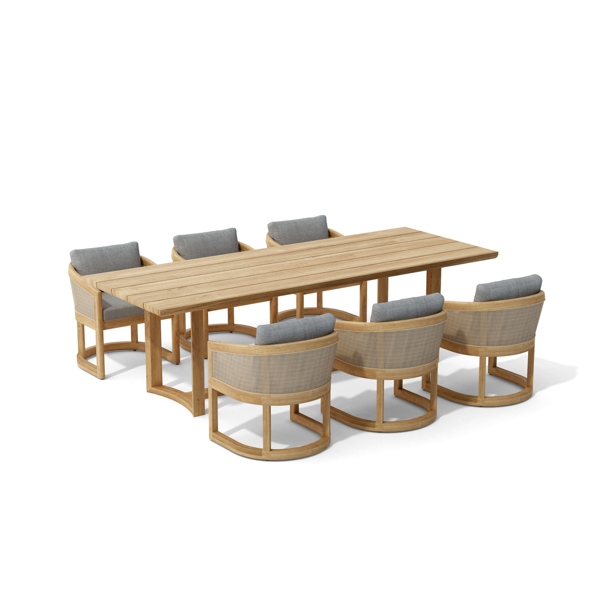 Wooden outdoor dining table with six matching chairs on a white background