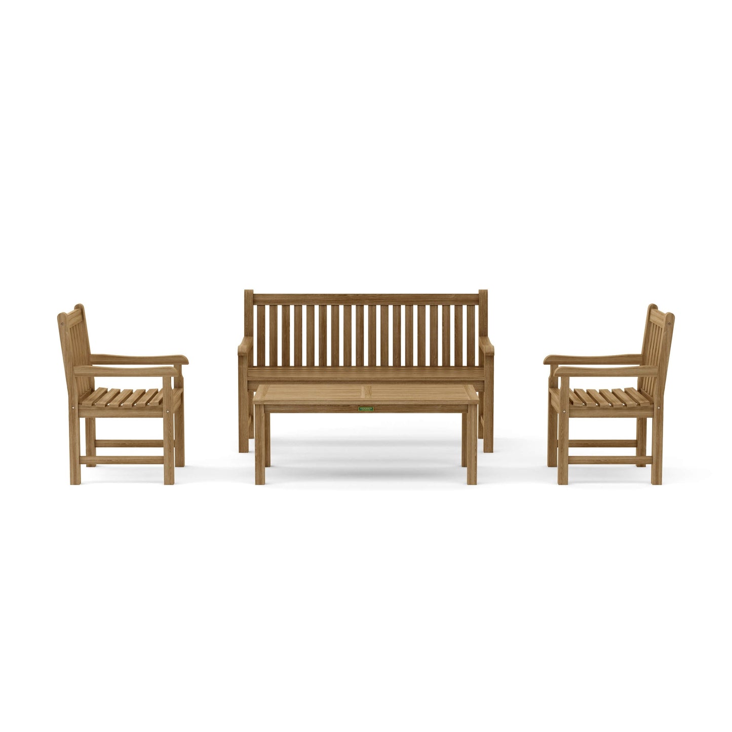 Wooden outdoor furniture set with two chairs and a bench on a white background
