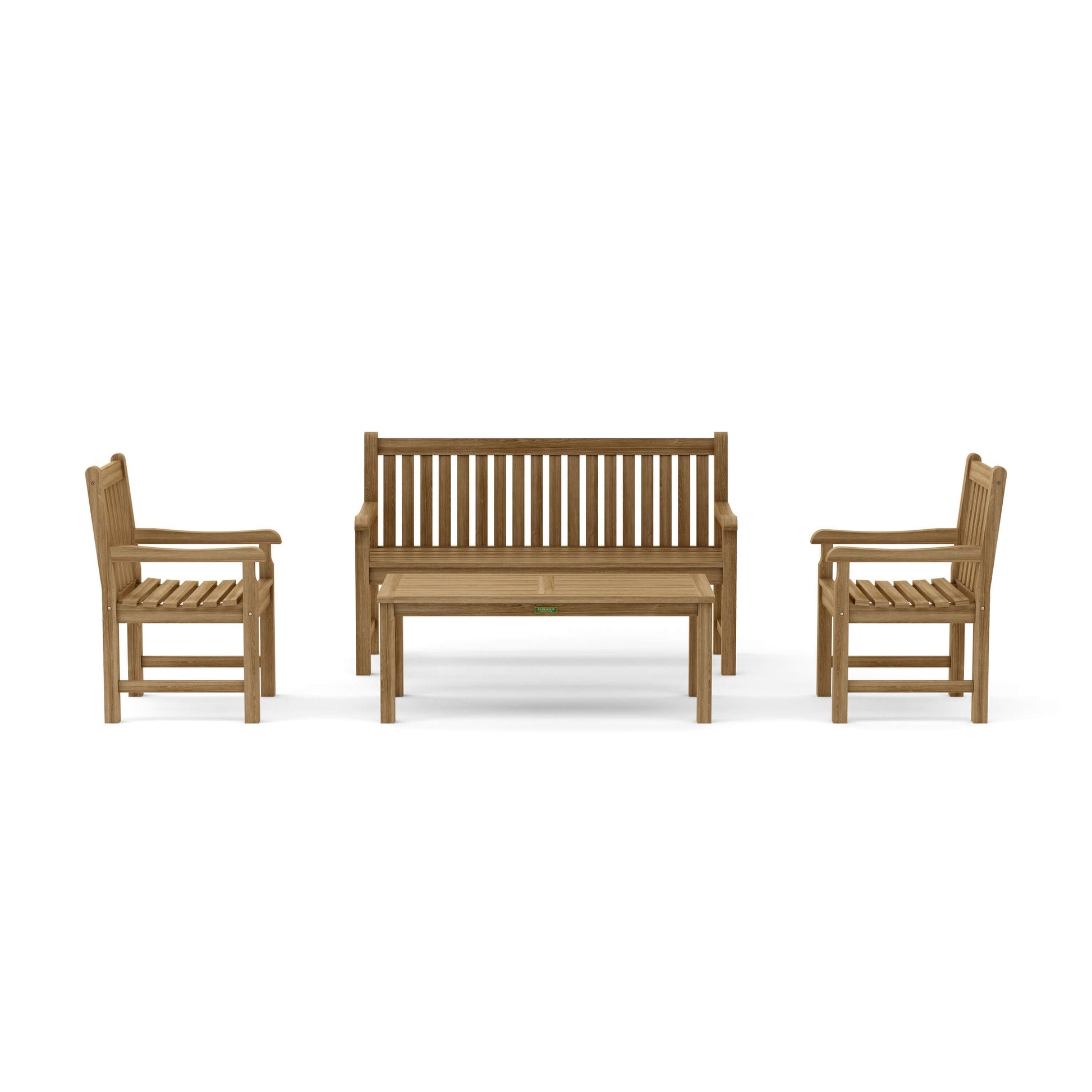 Wooden outdoor furniture set with two chairs and a bench on a white background