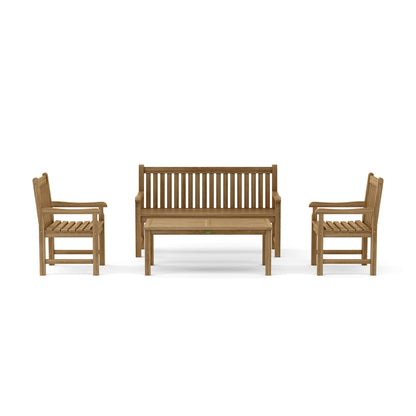Wooden outdoor furniture set with two chairs and a bench on a white background