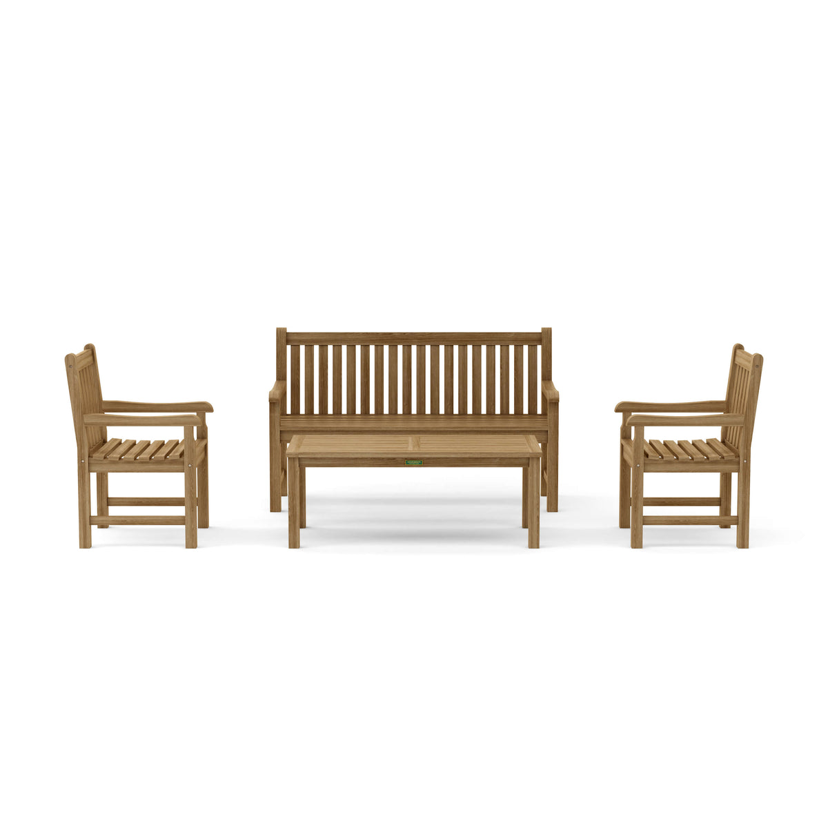 Wooden outdoor furniture set with two chairs and a bench on a white background