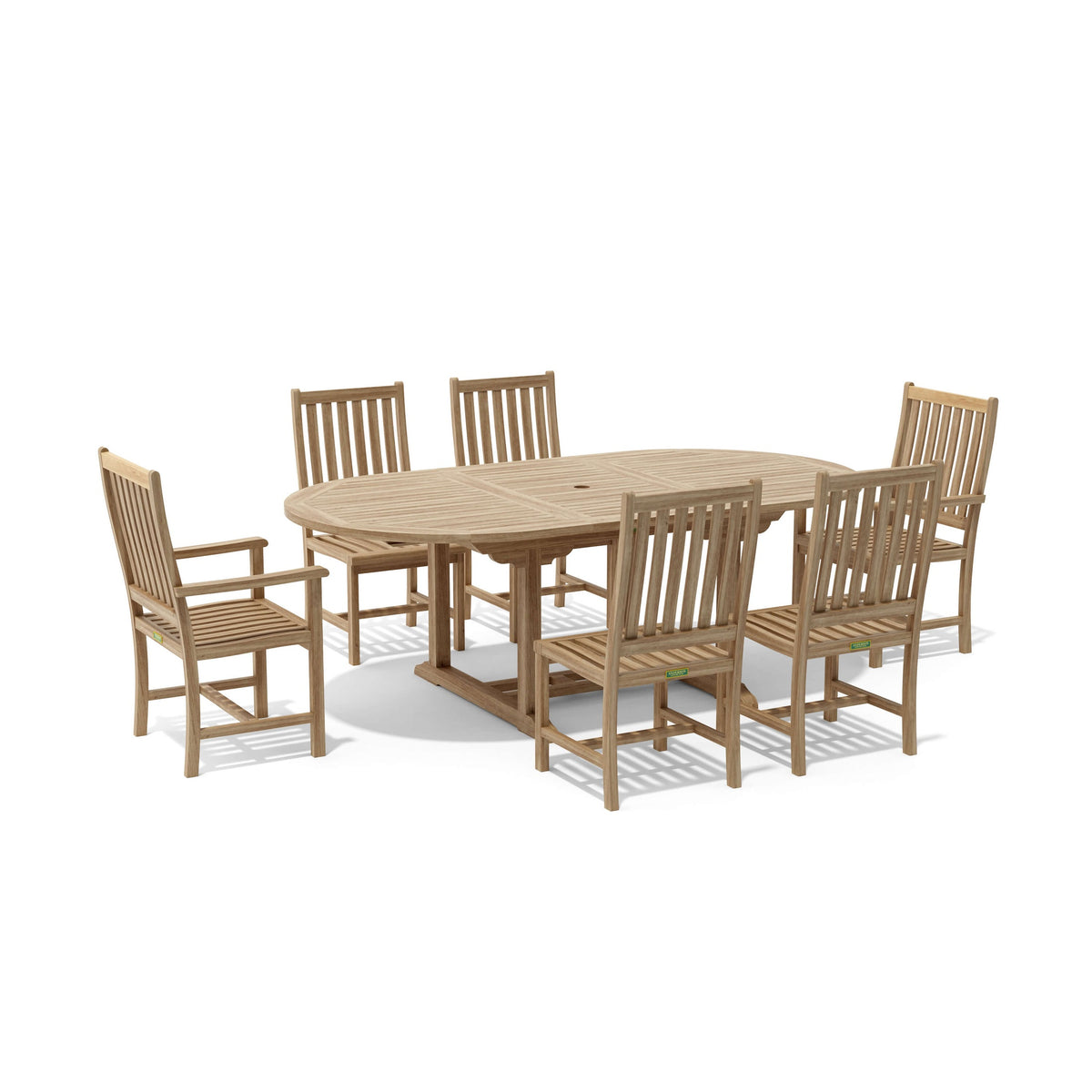 Wooden dining table with six chairs on a white background