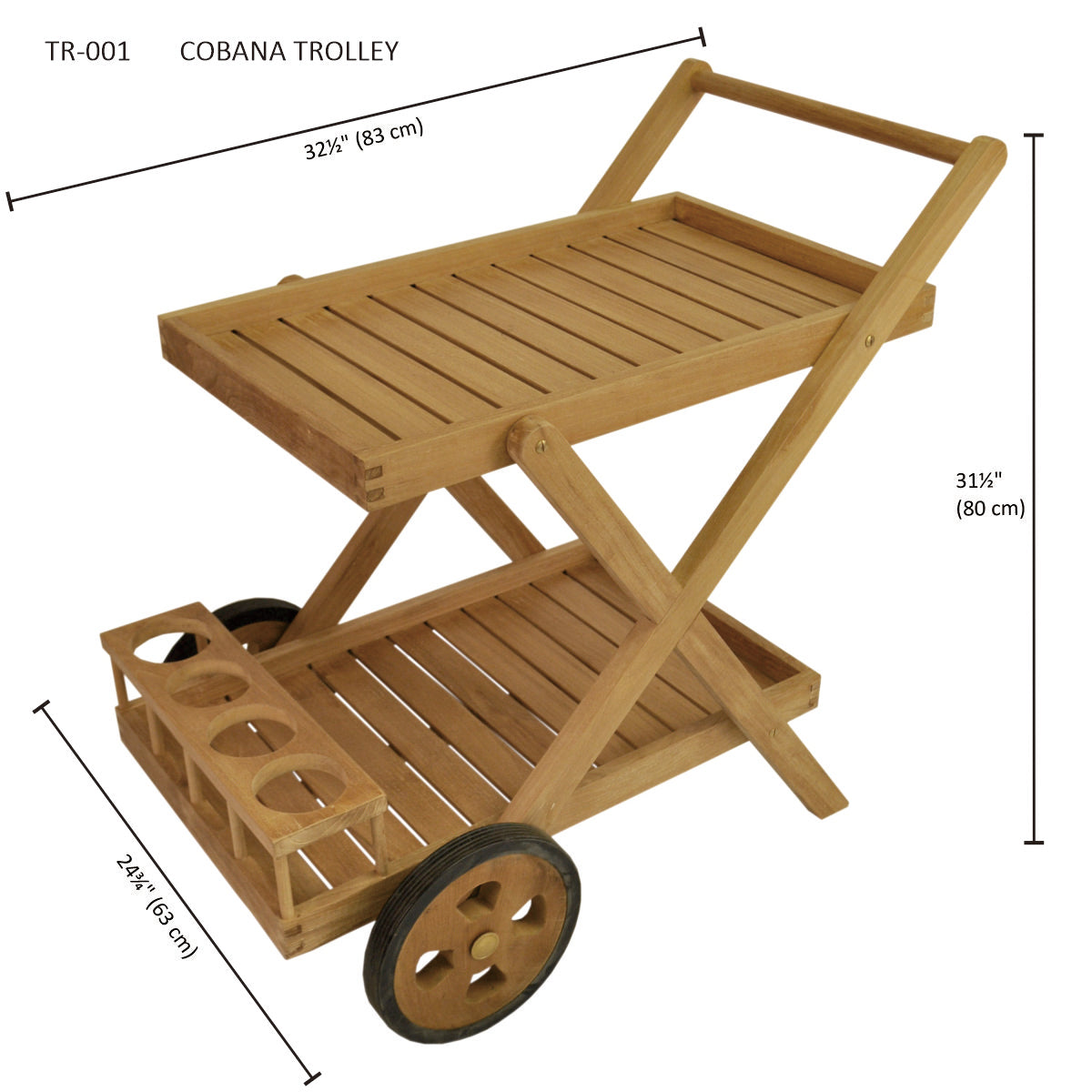 Wooden trolley with dimensions labeled on a white background