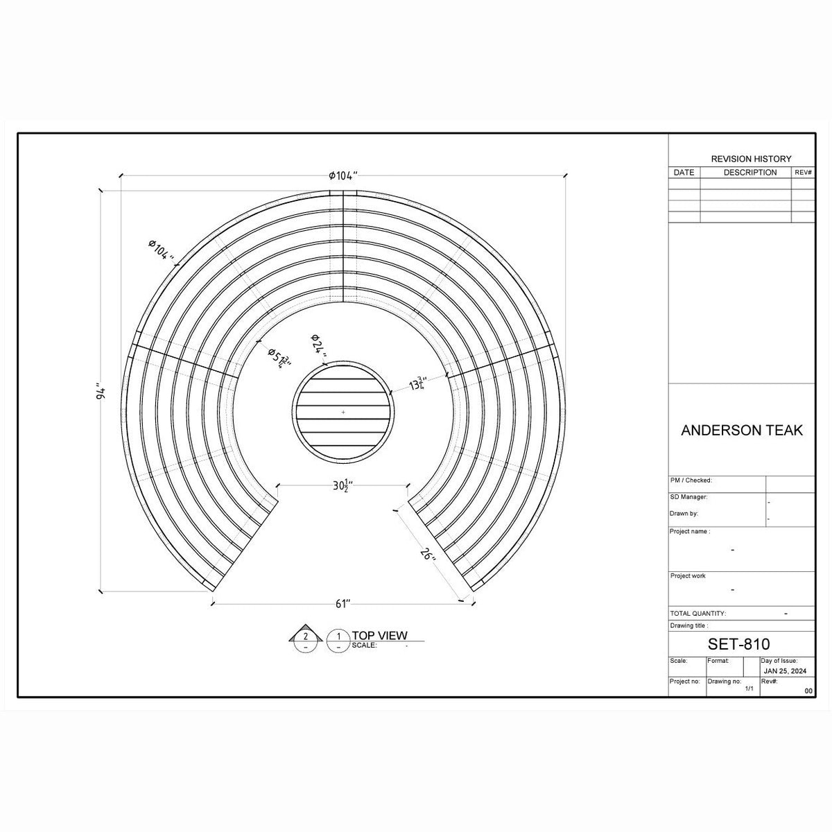 Technical drawing of a circular component with dimensions and specifications, branded 'Anderson Teak'.