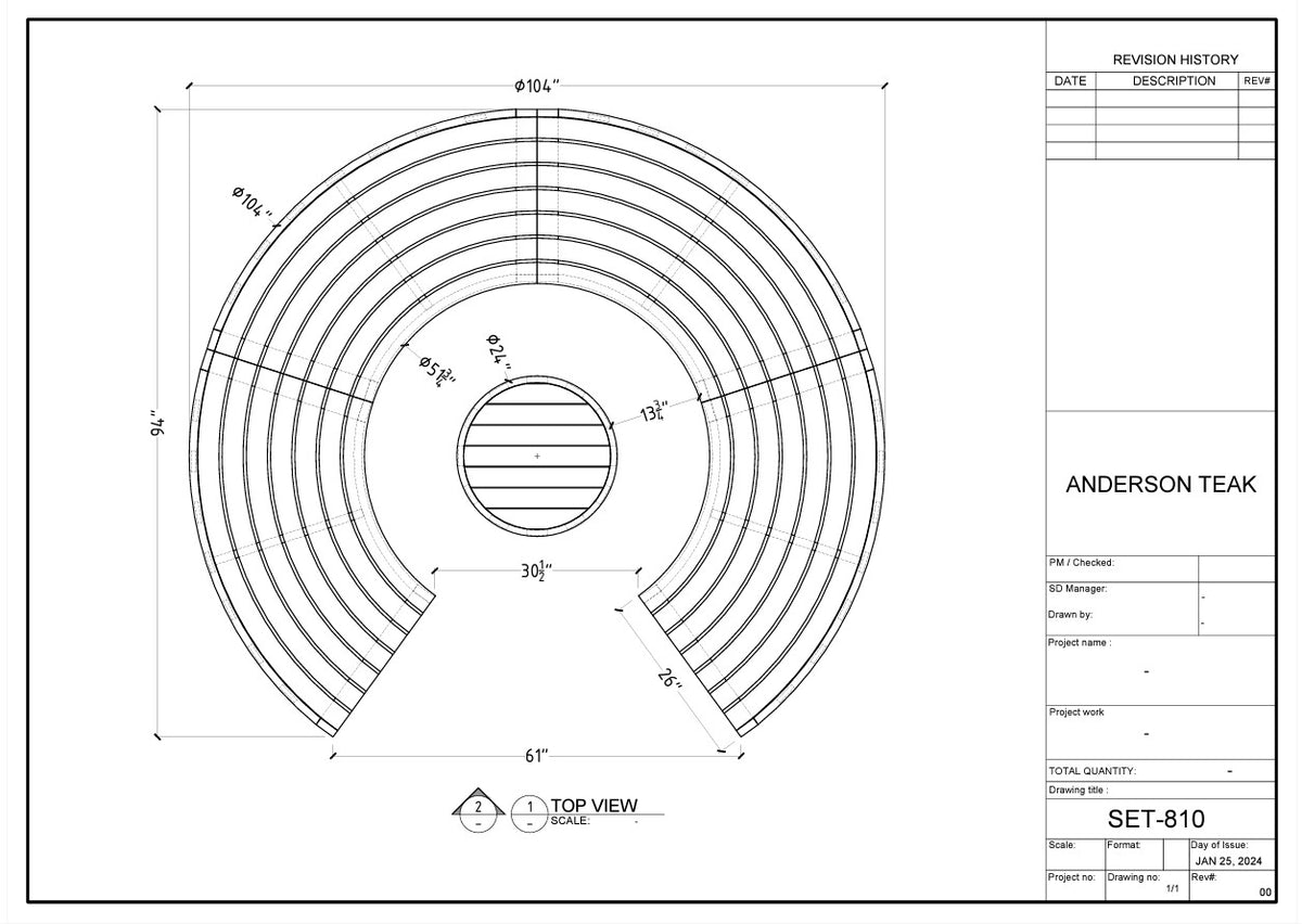 Technical drawing of a circular component with dimensions and specifications, branded 'Anderson Teak'.