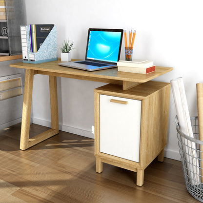 Wooden desk with a laptop, books, and stationery items in a home office setting.